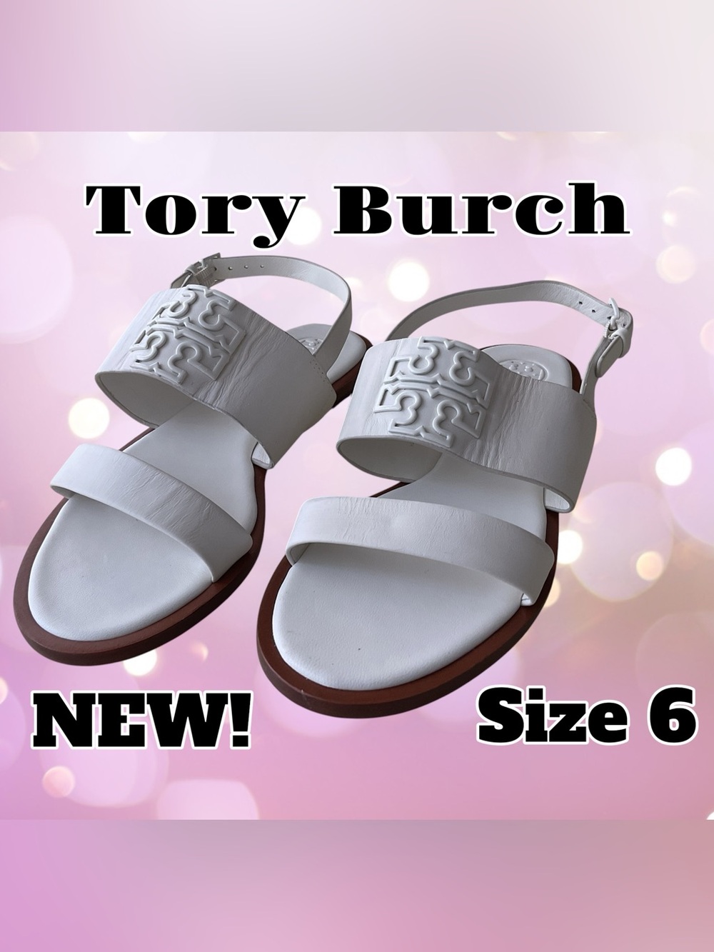 Tory Burch White Leather Logo Strap Sandals, NEW!